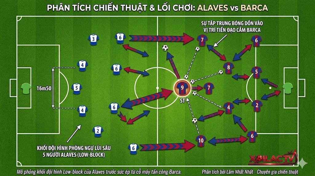 Phân tích chiến thuật Alaves vs Barca: Sơ đồ khối phòng ngự lùi sâu Low-block của Alaves trước sức ép tấn công từ Barca.