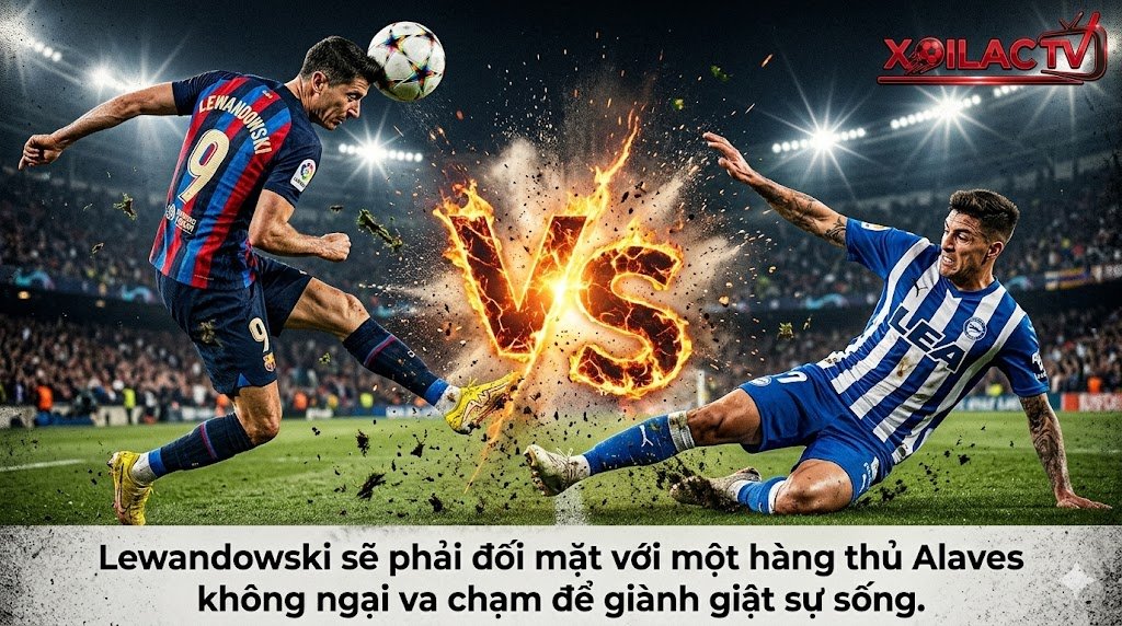 Soi kèo Alaves vs Barca: Điểm nóng đối đầu kịch tính trên sân giữa tiền đạo Robert Lewandowski và hậu vệ Alaves.